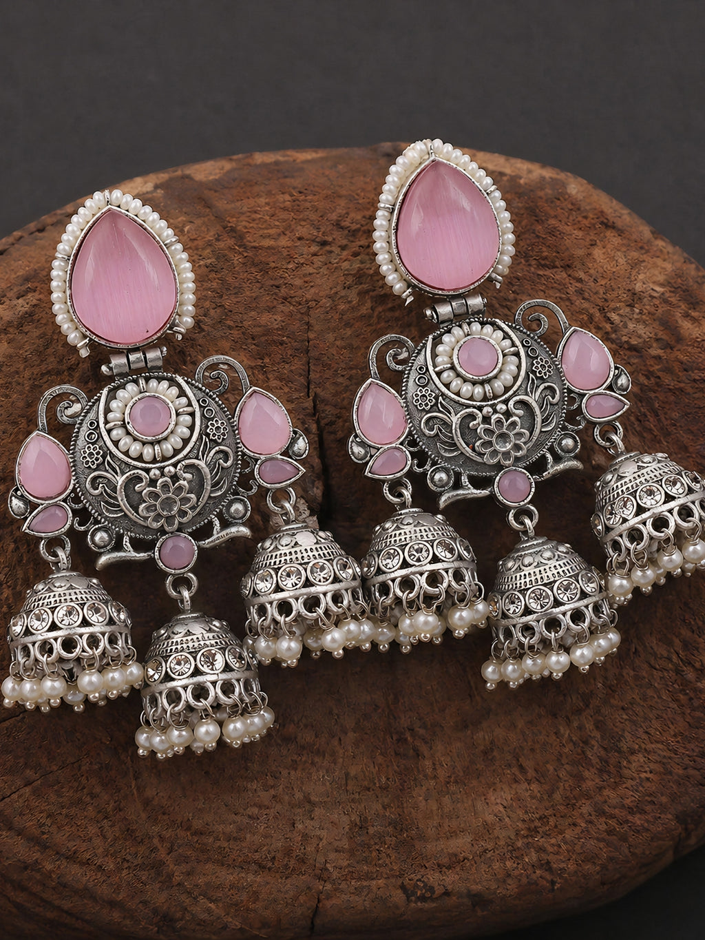 Silver-Finish Pink Stone Pearl Dangler Earrings