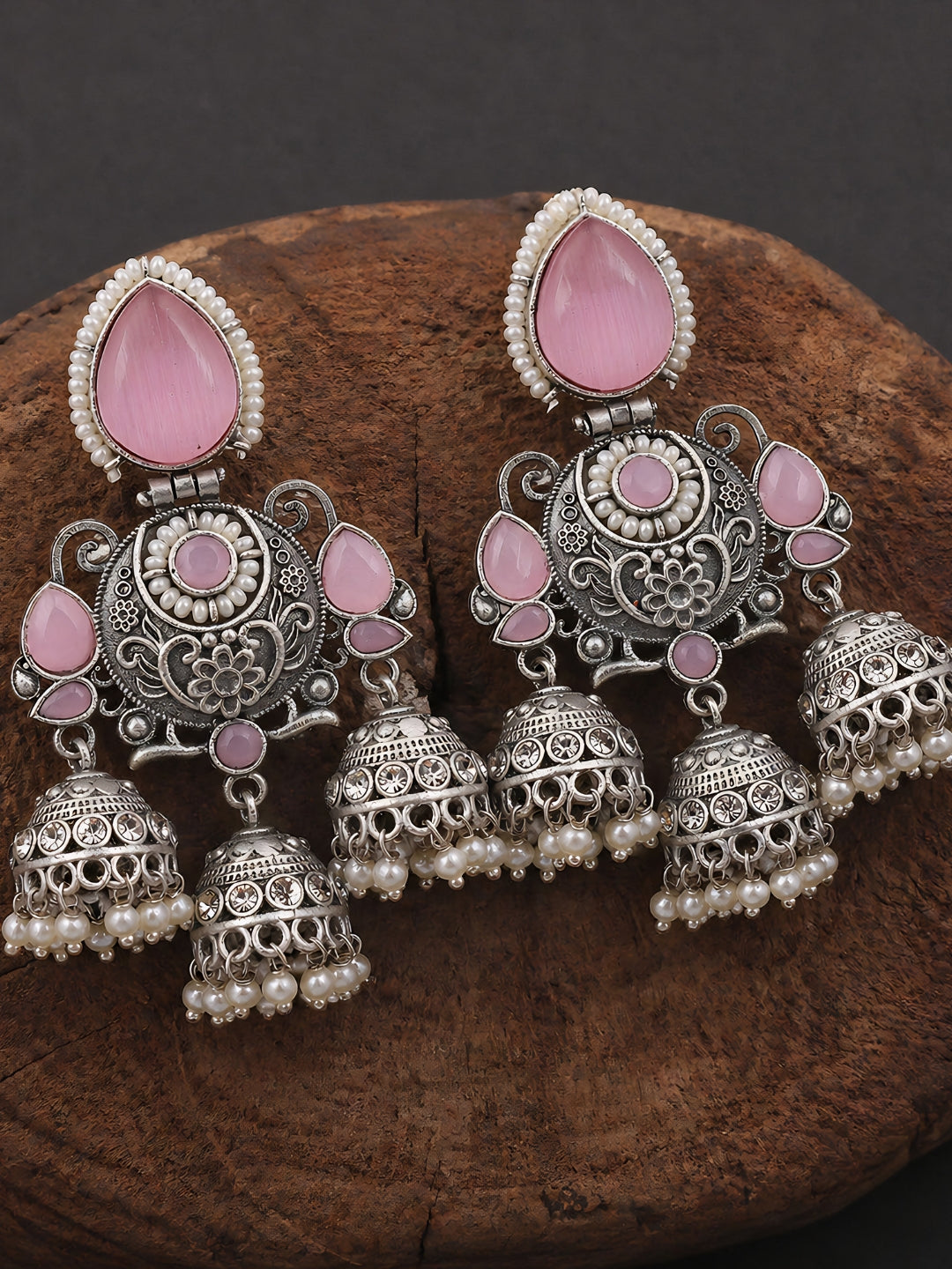 Silver-Finish Pink Stone Pearl Dangler Earrings
