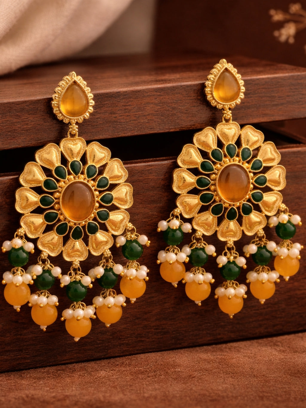 Gold Finish Green Yellow Floral Dangler Earrings
