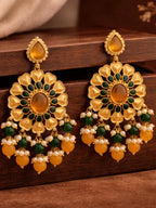 Gold Finish Green Yellow Floral Dangler Earrings