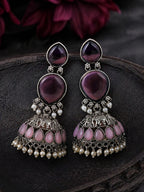 Purple Pink Stone Silver Finish Jhumka Earrings
