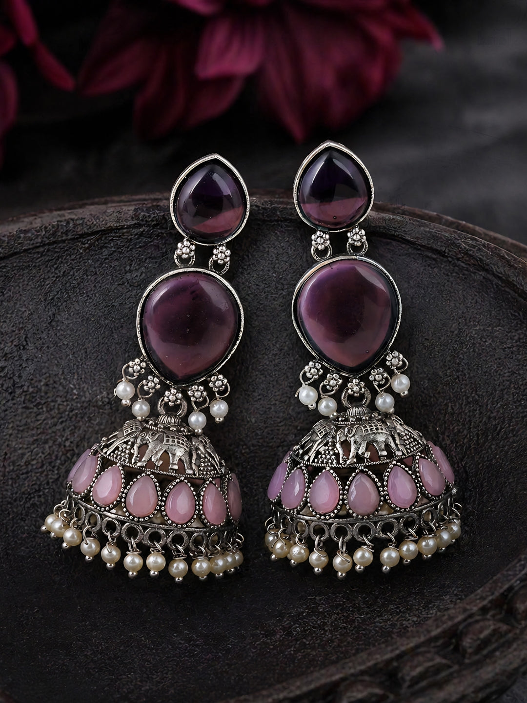 Purple Pink Stone Silver Finish Jhumka Earrings
