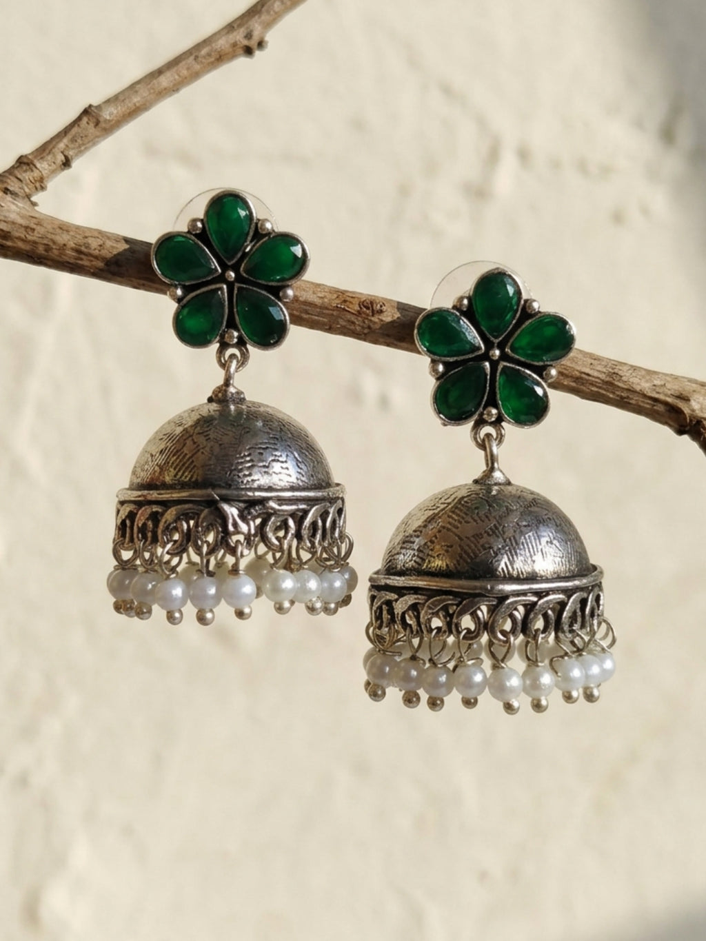 Elegant Floral Studs and Classic Green Jhumka Earrings Combo
