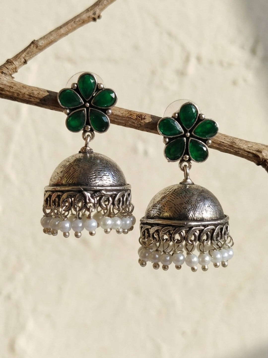 Elegant Floral Studs and Classic Green Jhumka Earrings Combo