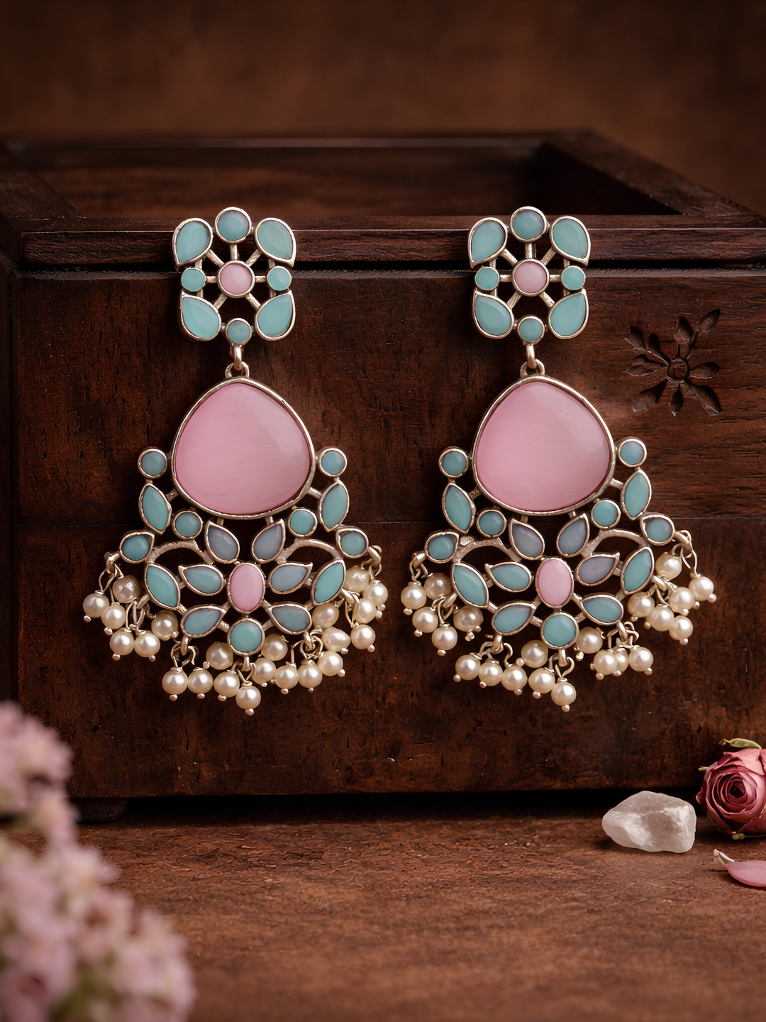 Silver Tone Pink Turquoise Floral Pearl Dangler Statement Earrings