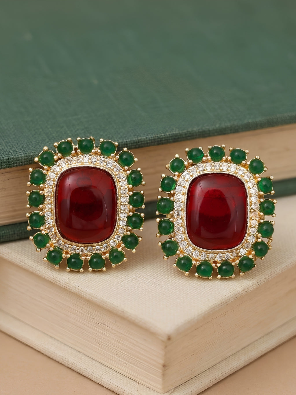 Red Green Gold Finish Stud Earrings