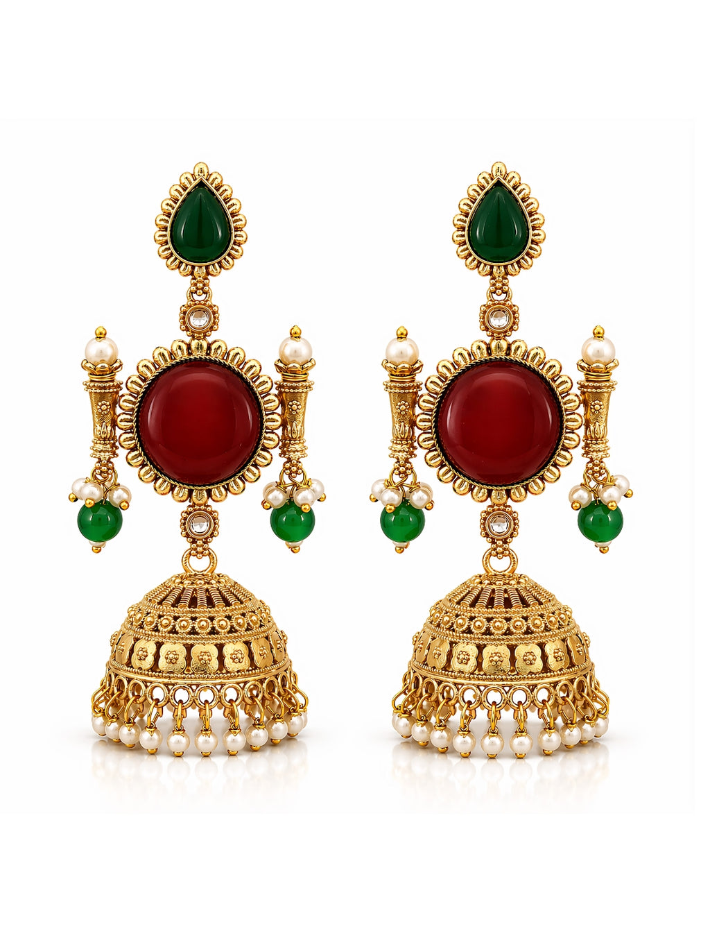 Gold Finish Red Green Jhumki Earrings