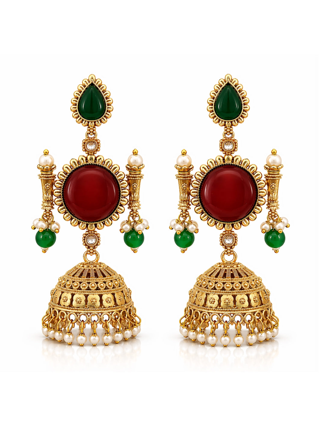 Gold Finish Red Green Jhumki Earrings