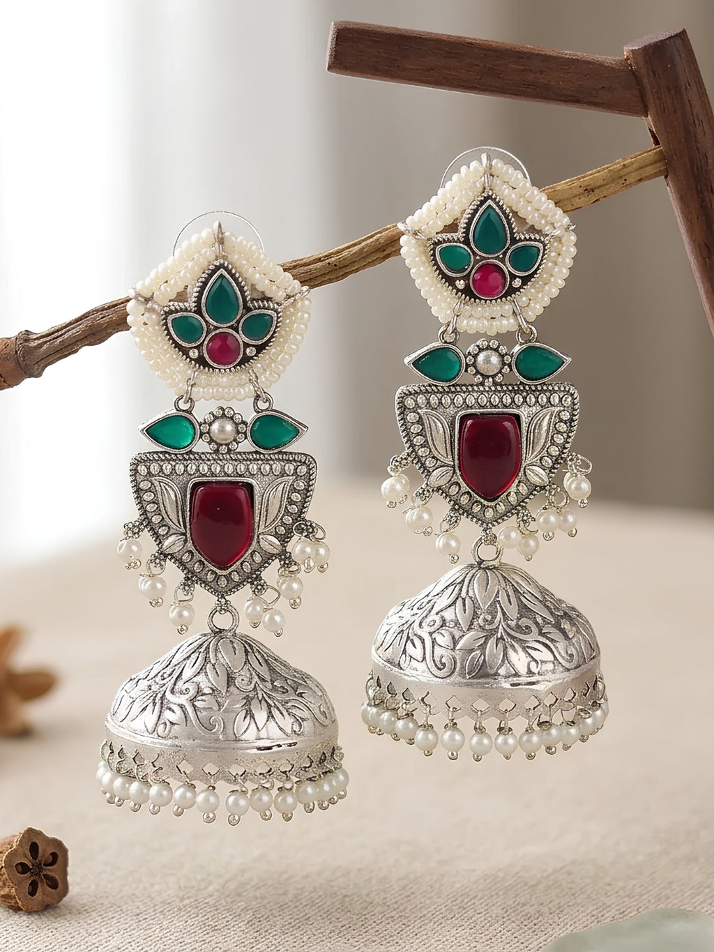 Red & Green Stone Jhumki Earrings — Carved Silver Finish