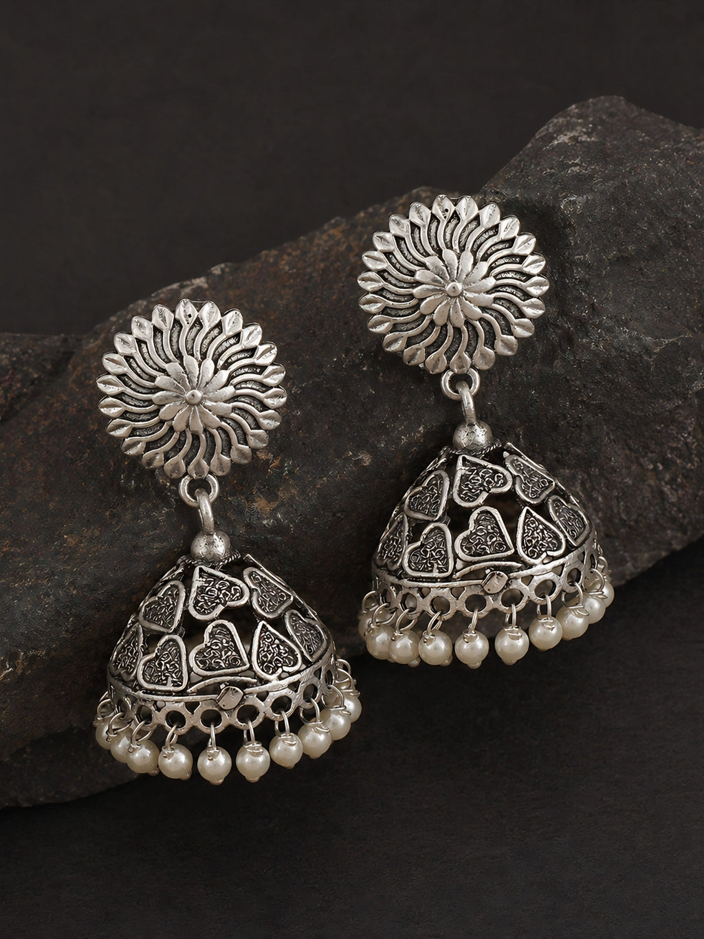 Floral Dome Pearl Silver tone Jhumka