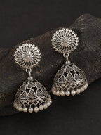 Floral Dome Pearl Silver tone Jhumka