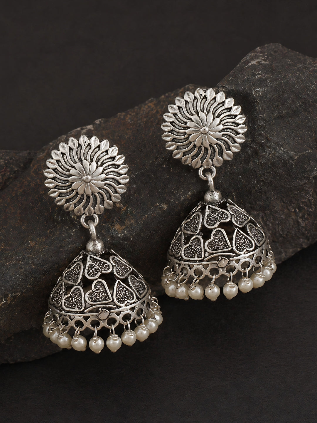 Floral Dome Pearl Silver tone Jhumka