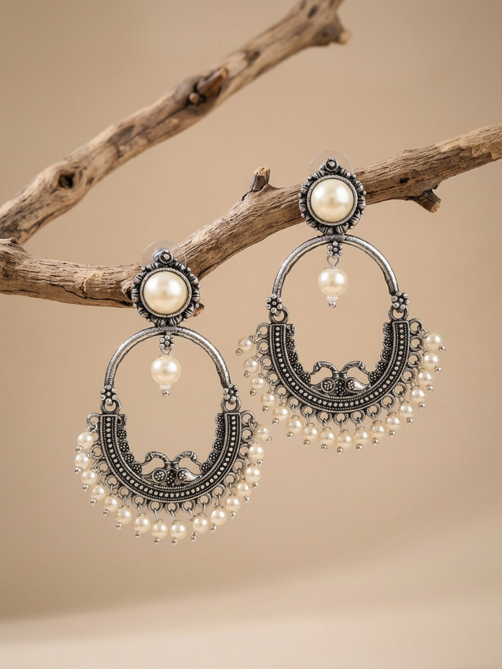 Antique Pearl Hoop 925 Silver Plated Earrings