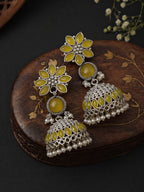 Yellow Floral Silver finish Jhumki Earrings