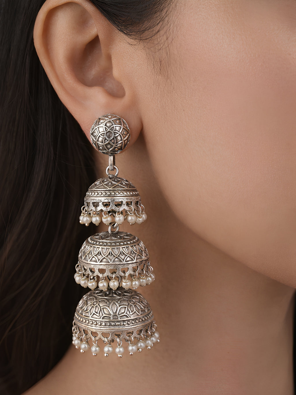 Vintage Silver finish Layered Jhumki Earrings
