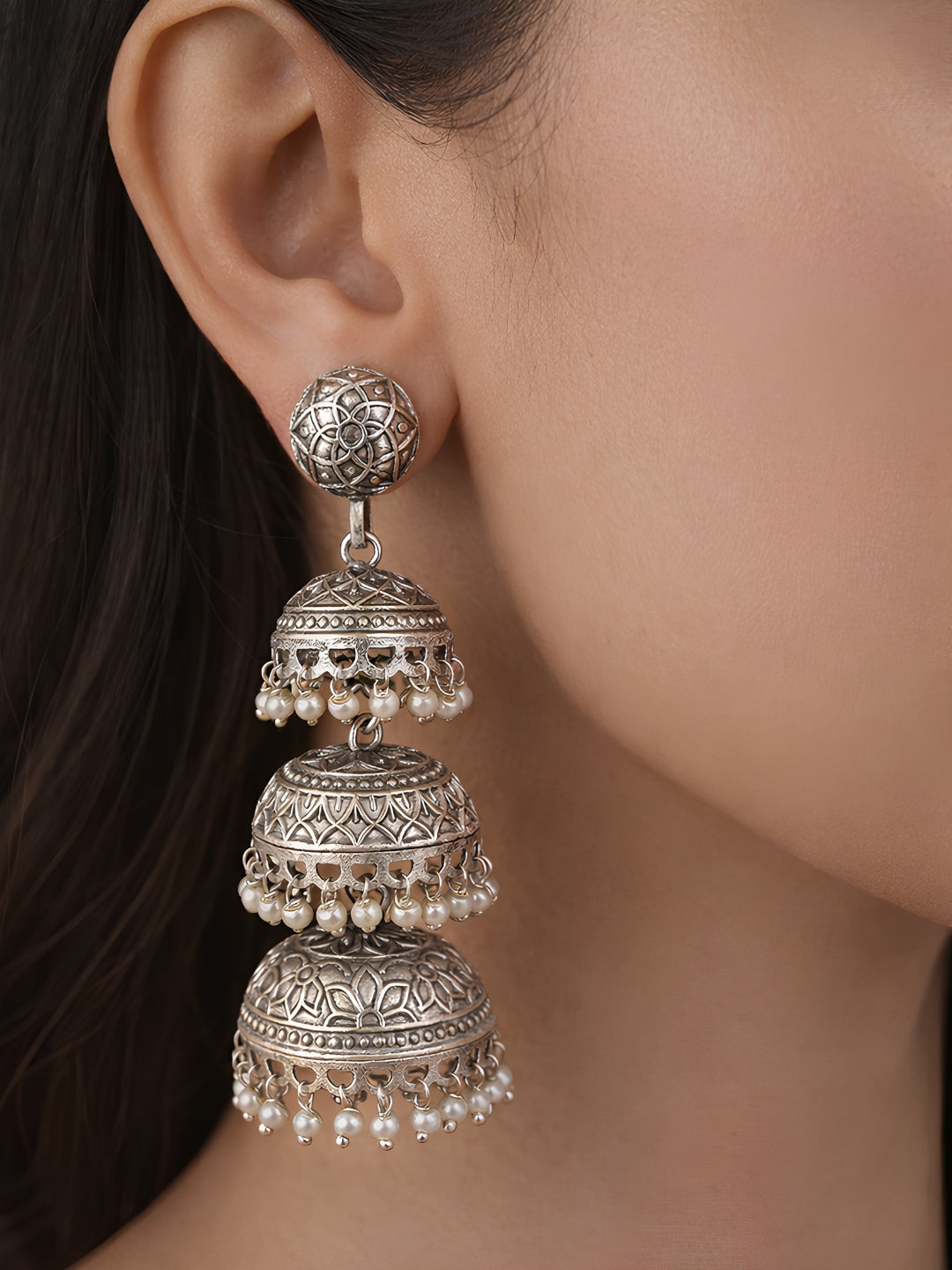 Vintage Silver finish Layered Jhumki Earrings