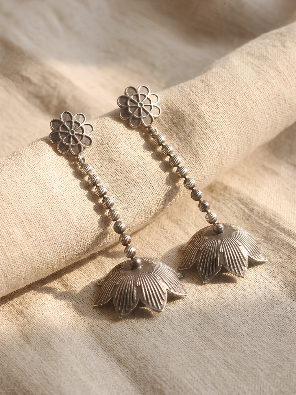 Floral Drop Jhumki Earrings — Silver Tone