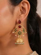 Traditional Green Red Jhumki Earrings Gold Finish