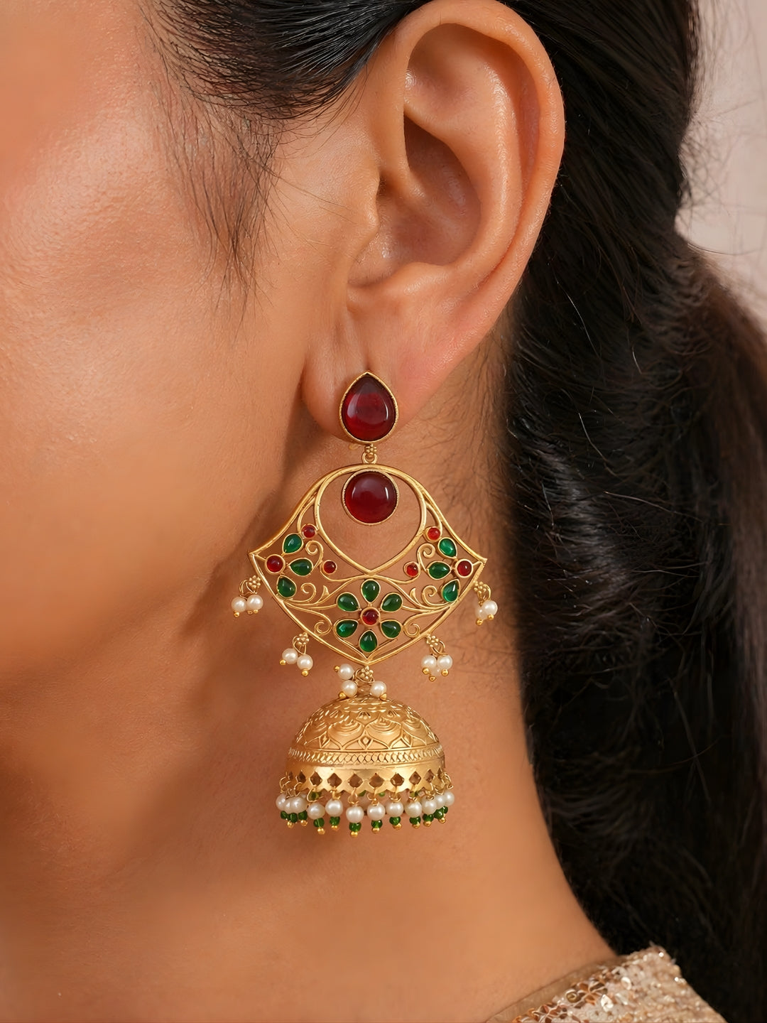 Traditional Green Red Jhumki Earrings Gold Finish
