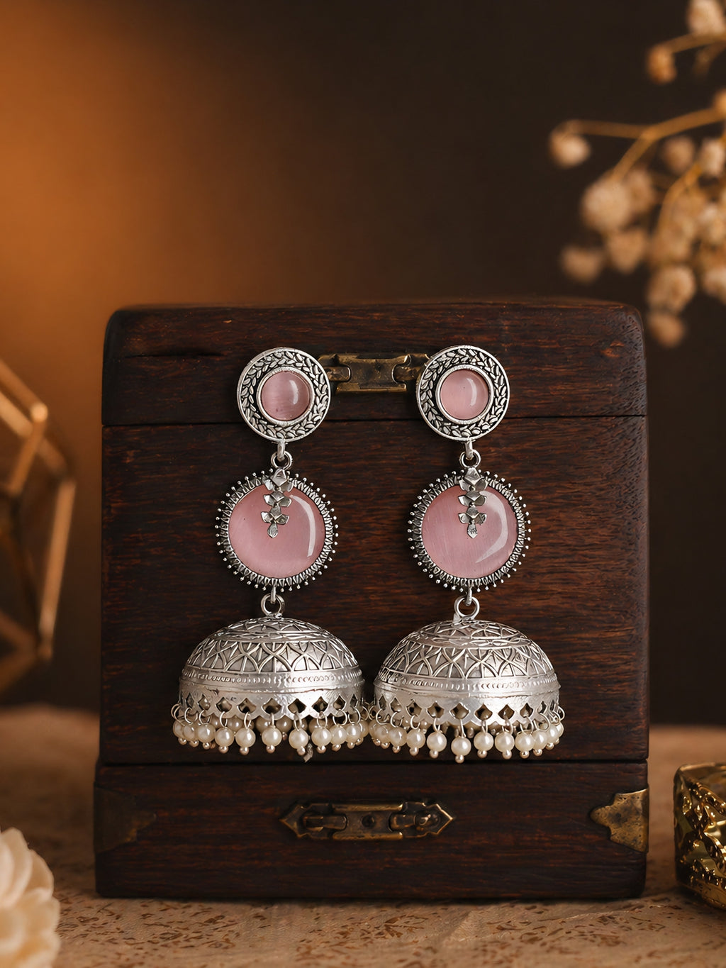 Pink Dome Pearl Drop Silver finish Jhumka