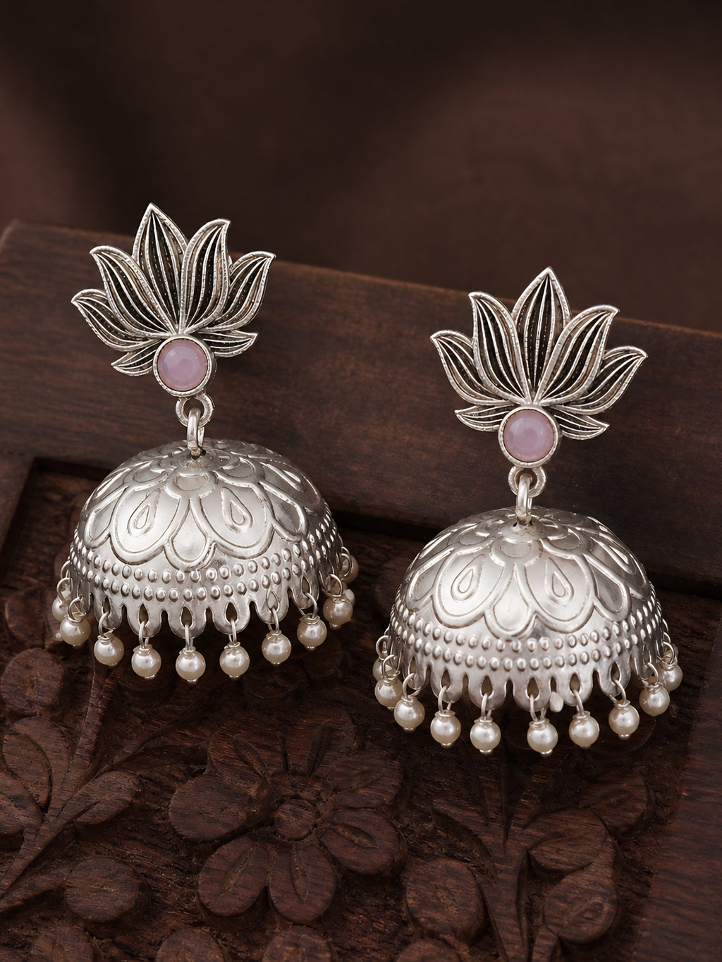 Pink Stone Lotus Silver finish Jhumki Earrings