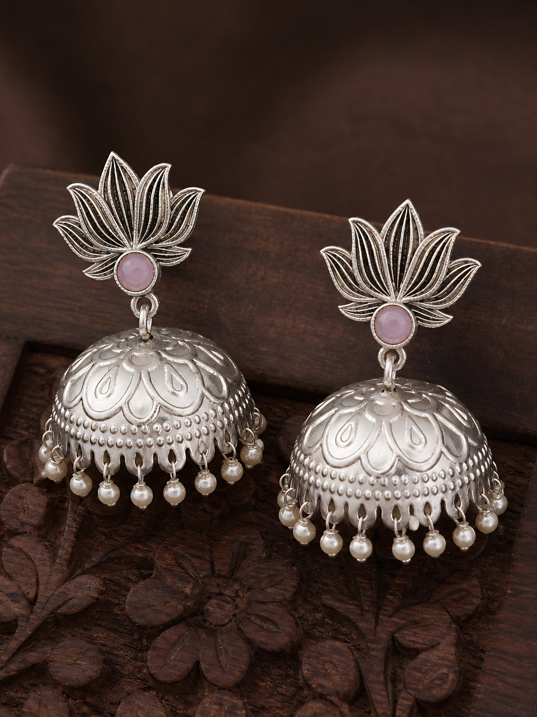Pink Stone Lotus Silver finish Jhumki Earrings