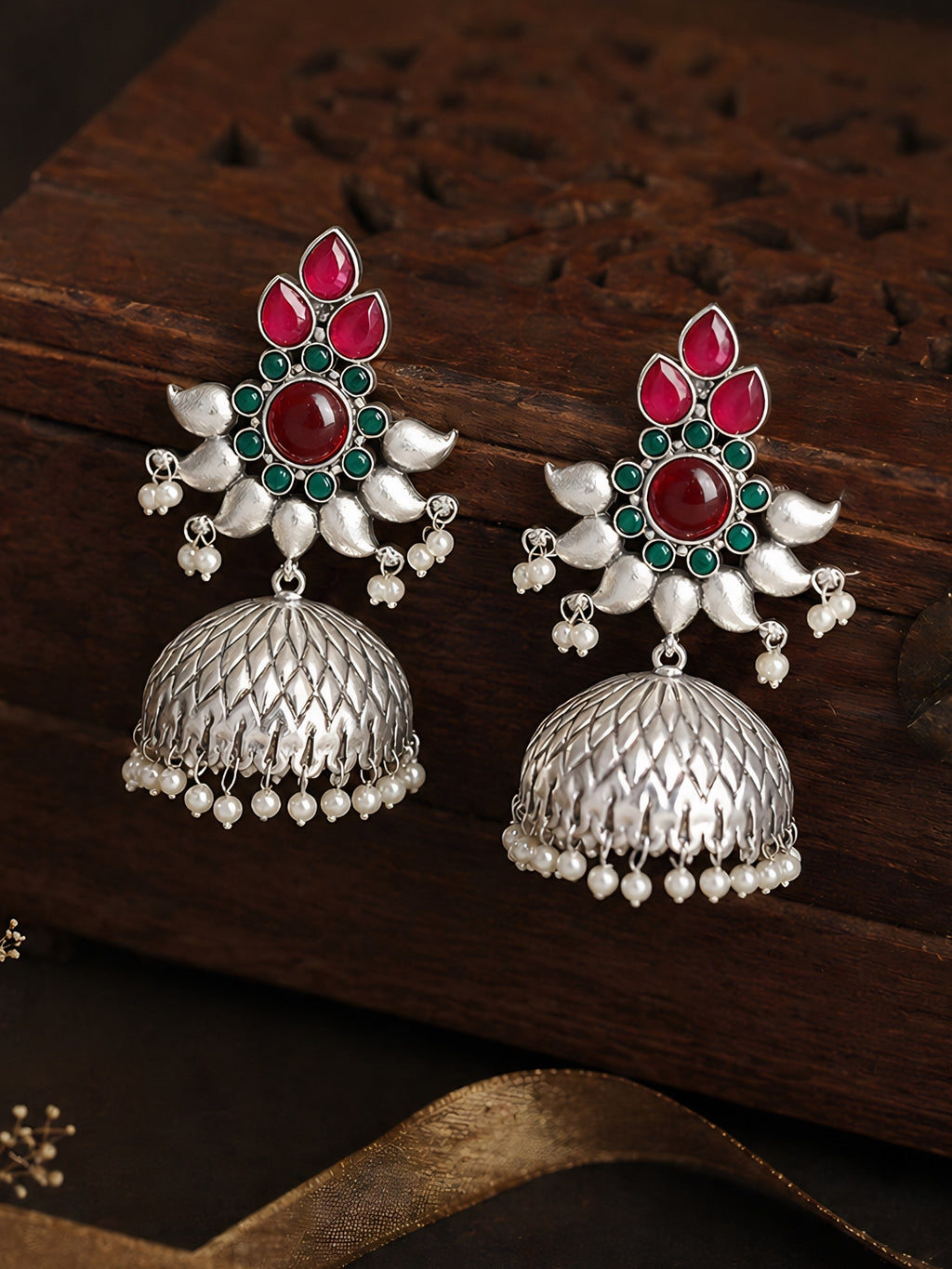 Red Green Floral Silver finish Jhumki Earrings