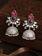 Red Green Floral Silver finish Jhumki Earrings