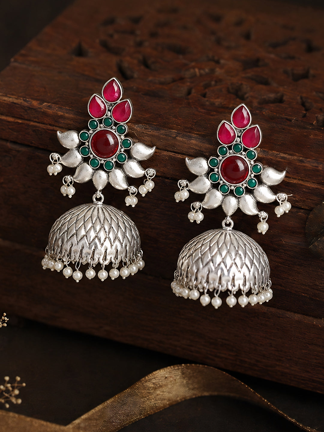 Red Green Floral Silver finish Jhumki Earrings