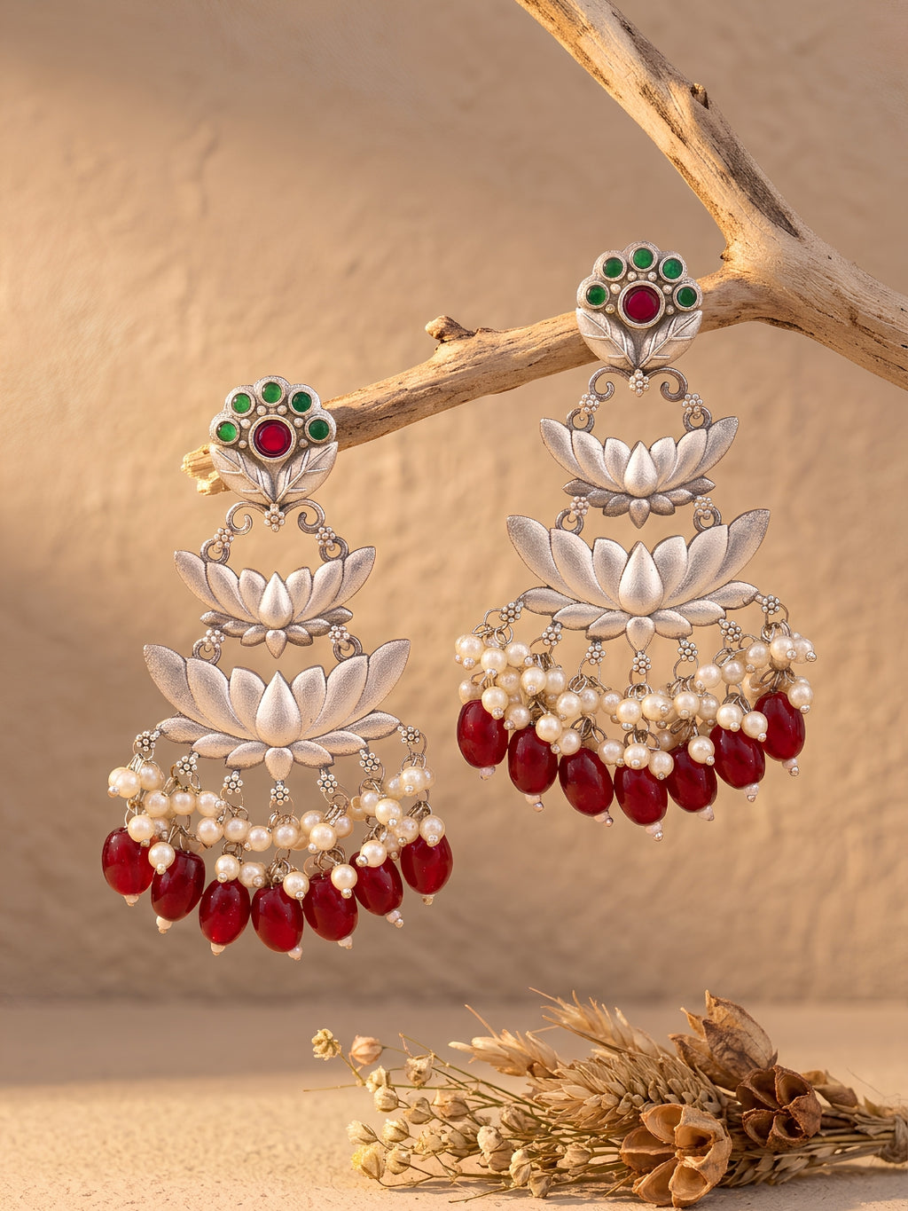 Lotus Pearl Drop Earrings — Red Beads & Silver Finish
