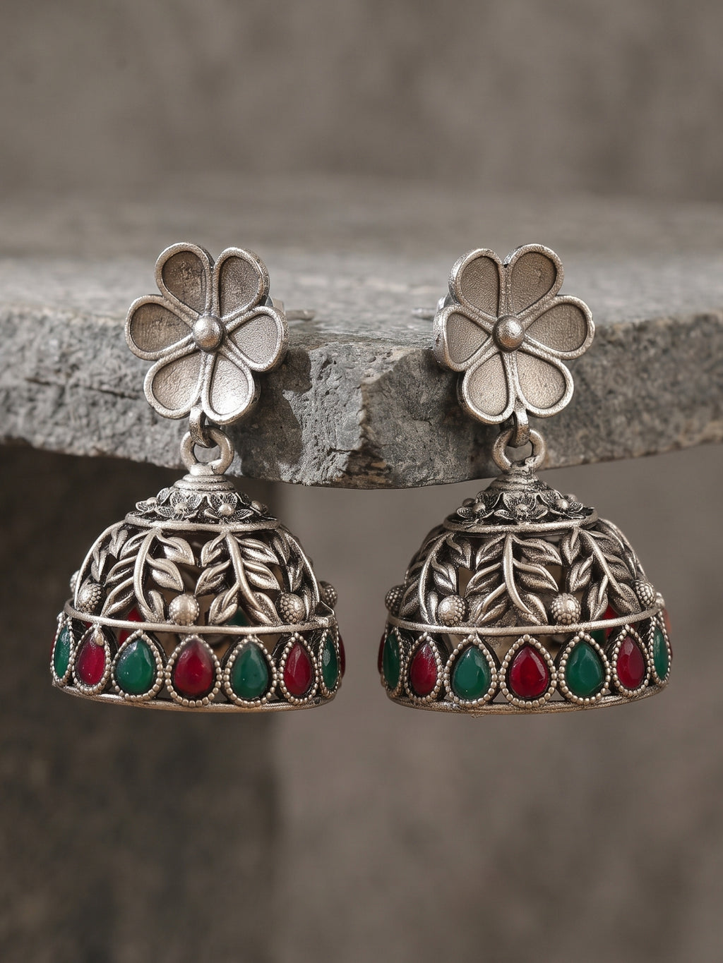 Floral Red & Green Stone Jhumka Earrings — Silver Tone