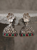 Floral Red & Green Stone Jhumka Earrings — Silver Tone