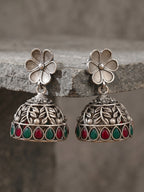 Floral Red & Green Stone Jhumka Earrings — Silver Tone