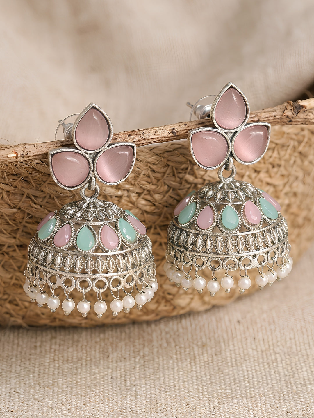 Pink & Turquoise Jhumka Earrings — Silver Finish with Pearl Drops