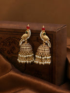 Gold Finish Parrot Jhumki Earrings Pearl Drop