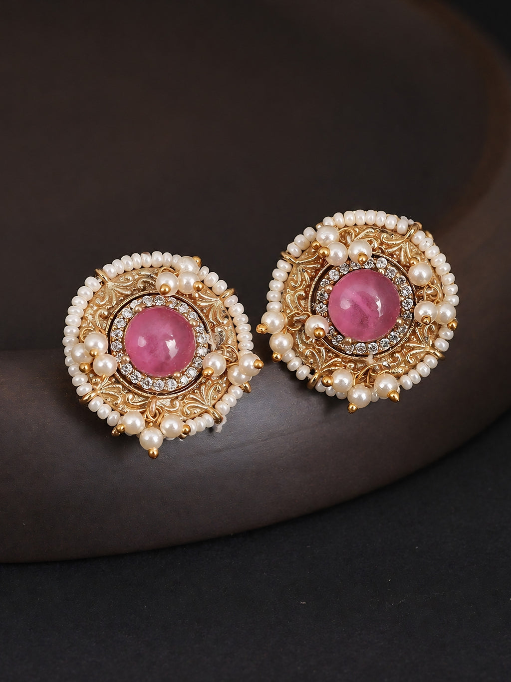 Gulika Pink Stone Pearl Stud Earrings
