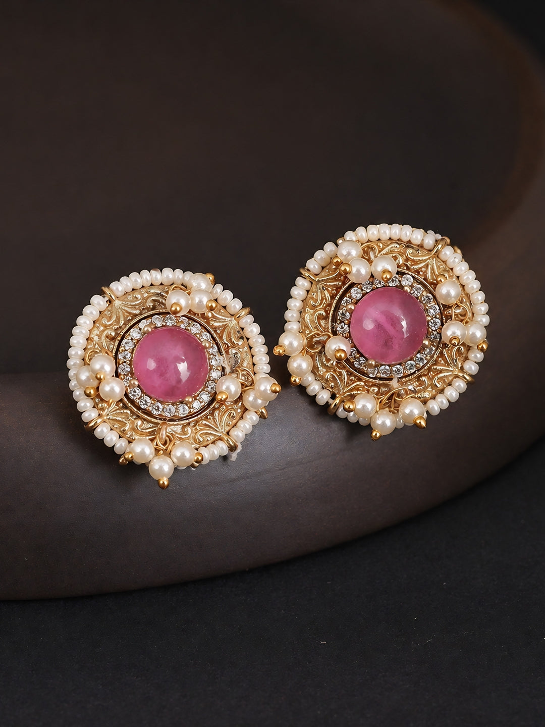 Gulika Pink Stone Pearl Stud Earrings