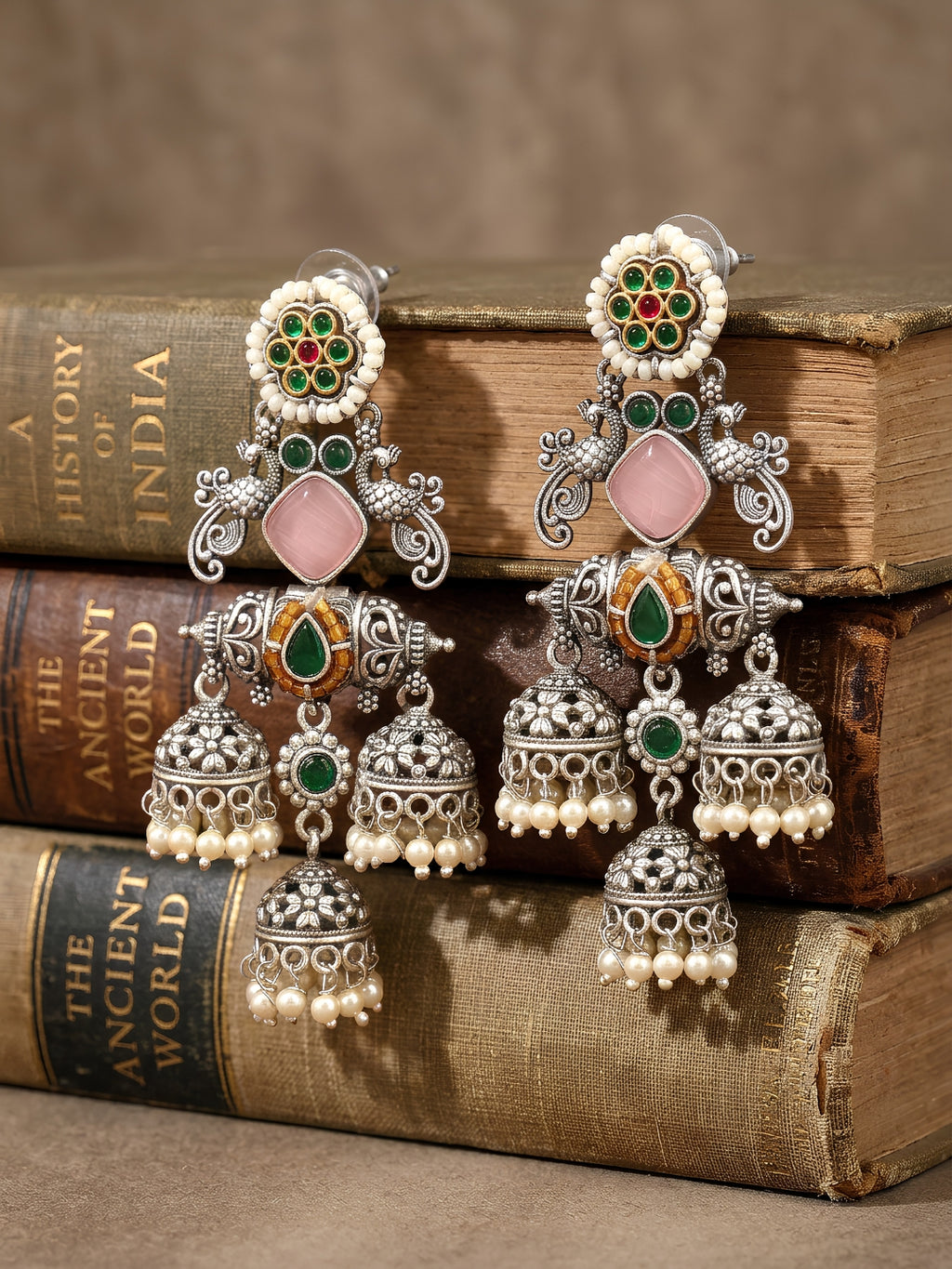 Floral Pink & Green Jhumki Earrings — Silver Tone