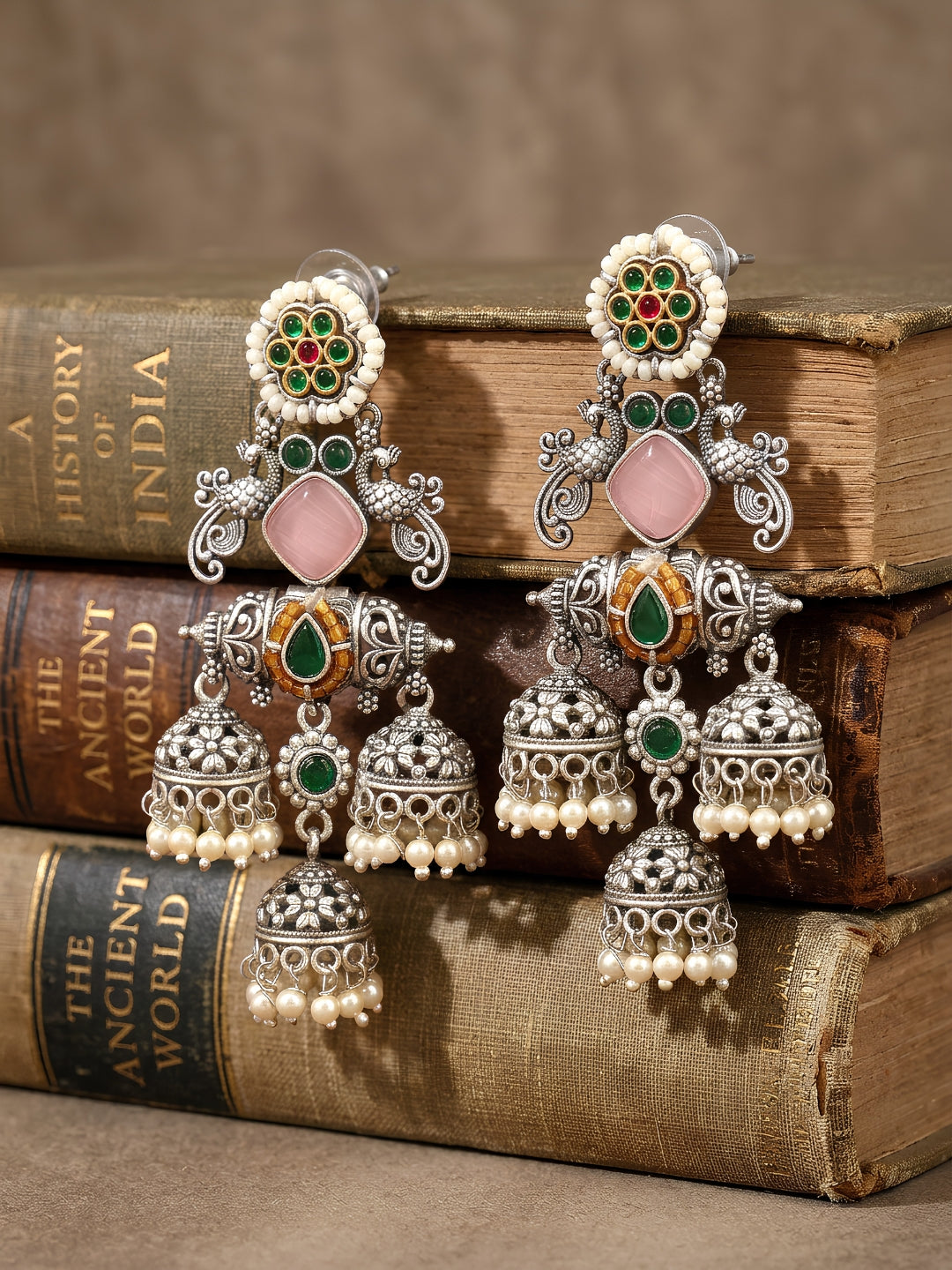 Floral Pink & Green Jhumki Earrings — Silver Tone