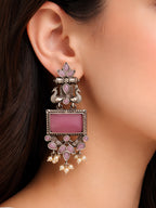 Pink Stone Silver tone finish Ethnic Jhumki Earrings