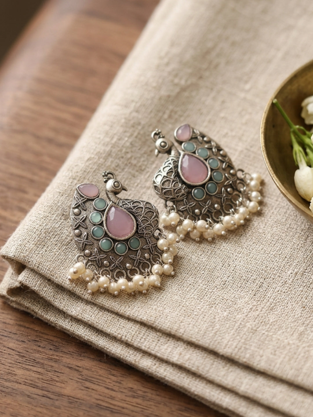 Pink Peacock Pearl Drop Stud Earrings — Silver Finish