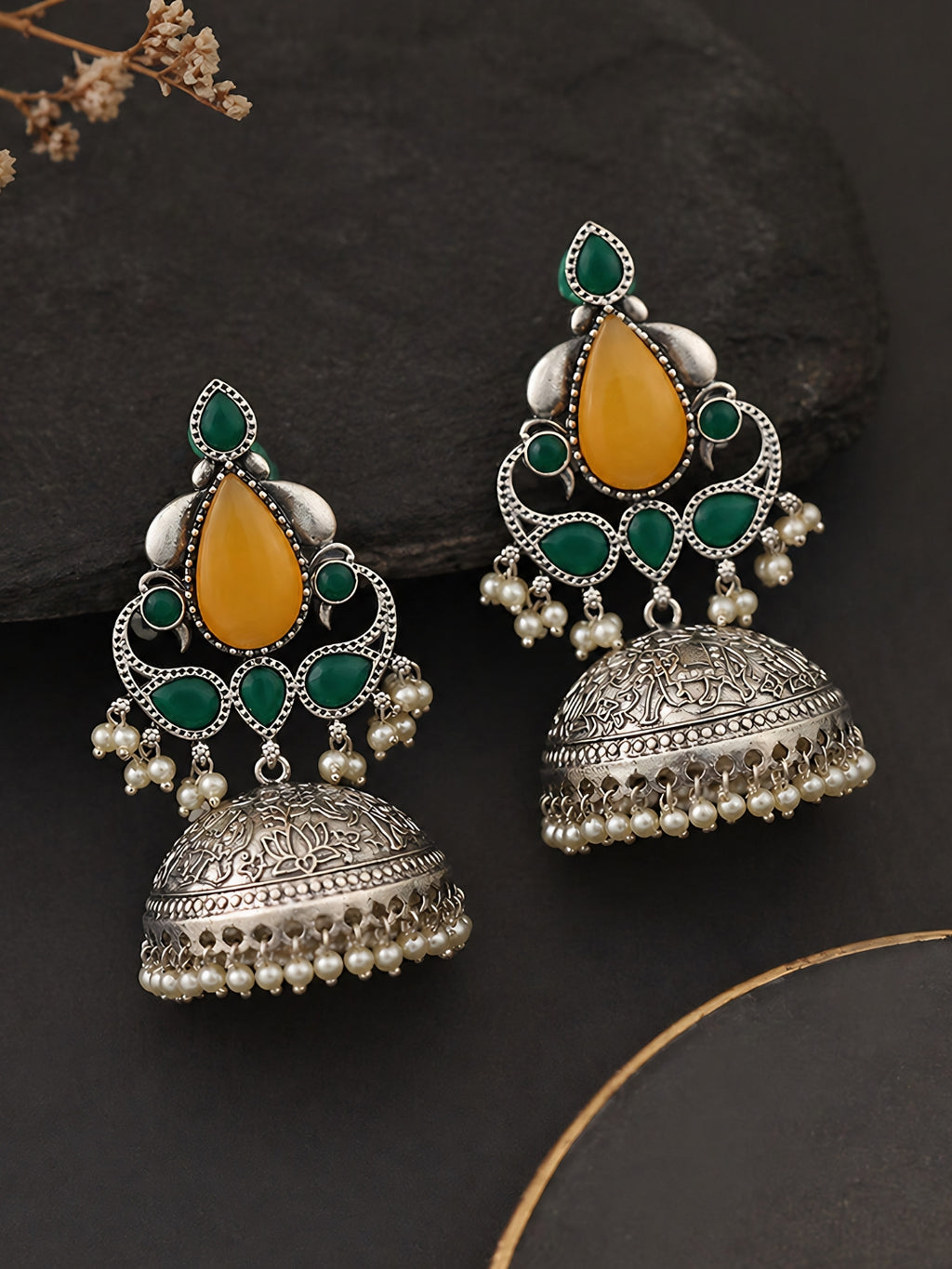 Silver-Finish Green Yellow Jhumka Earrings
