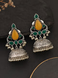 Silver-Finish Green Yellow Jhumka Earrings