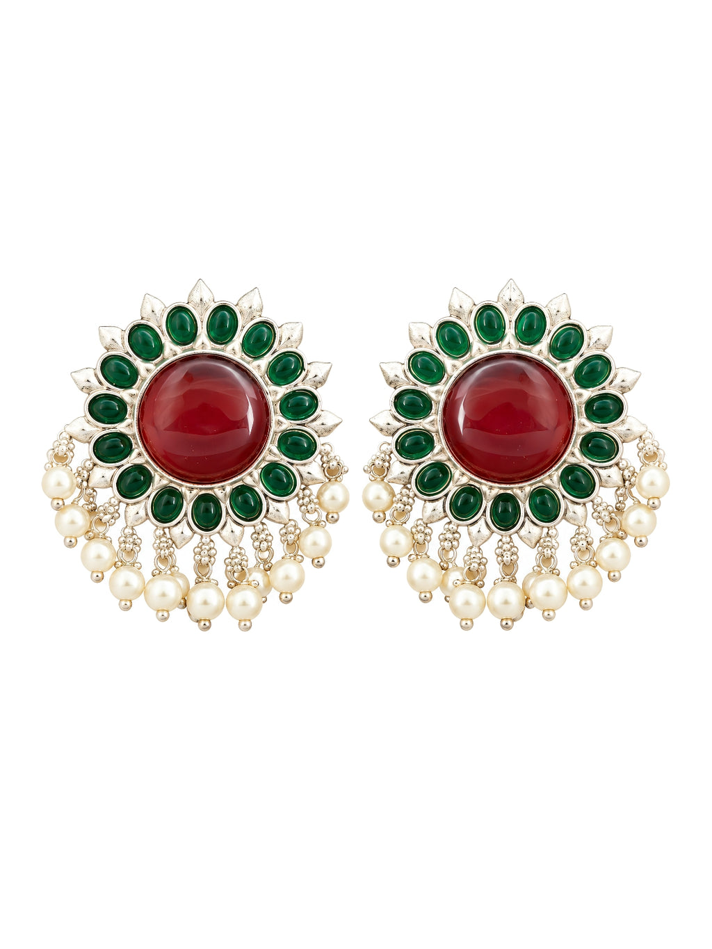 Red Green Floral Silver finish Stud Earrings