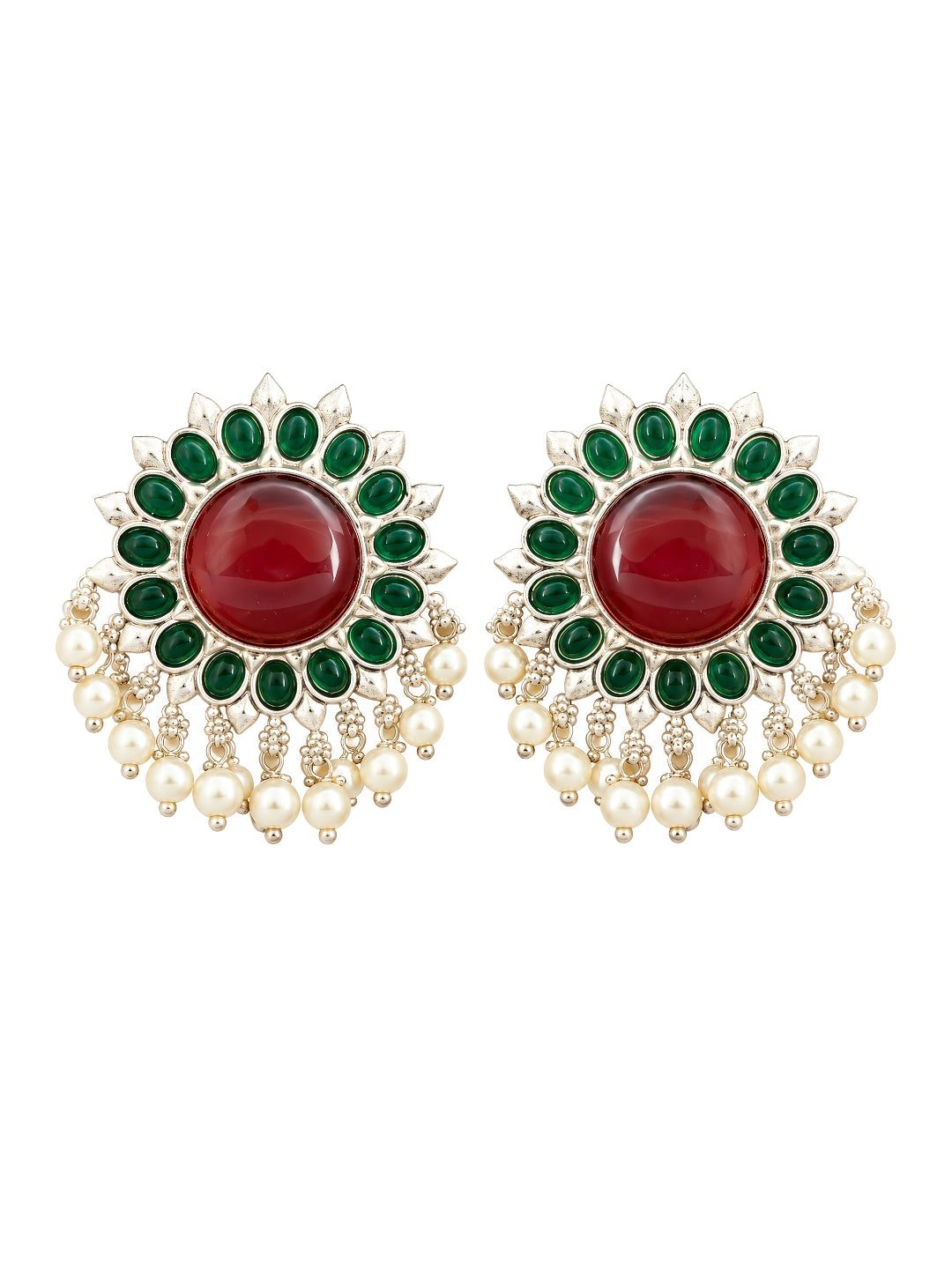 Red Green Floral Silver finish Stud Earrings
