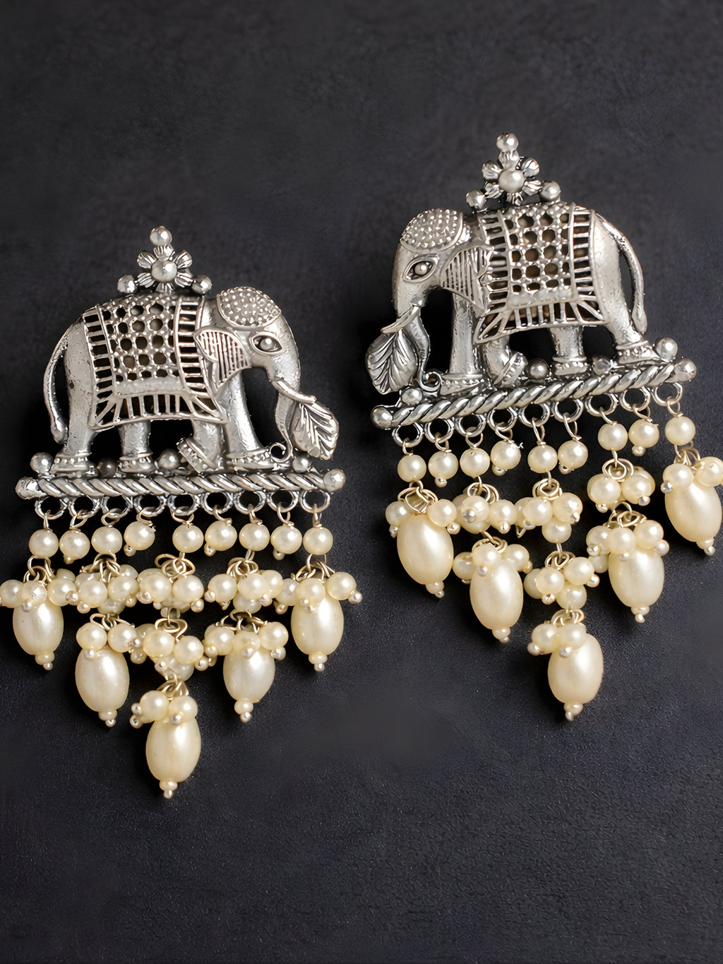 Oxidised Silver Elephant Pearl Cluster Dangler Earrings