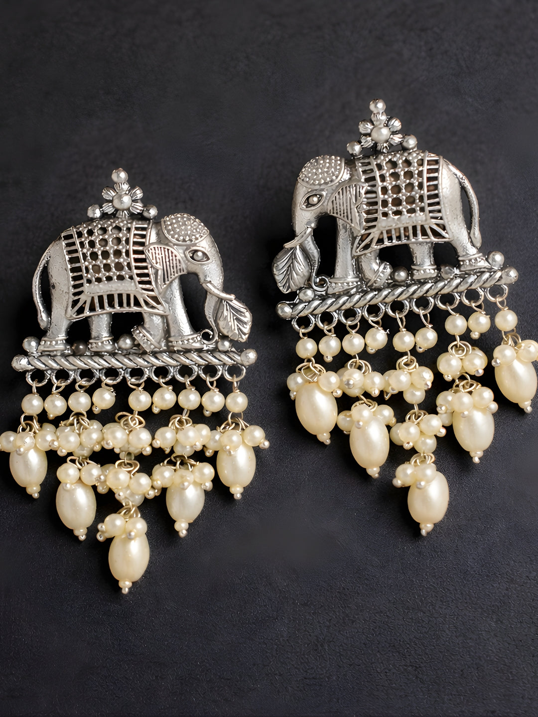 Oxidised Silver Elephant Pearl Cluster Dangler Earrings