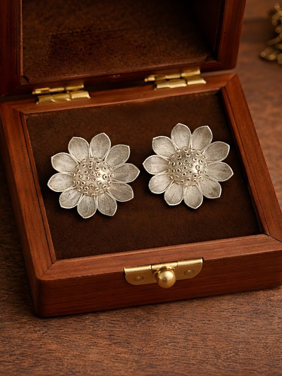 Silver finish Floral Textured Stud Earrings