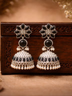 Silver Tone finish Black Floral Pearl Jhumki Earrings