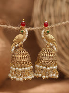 Parrot Jhumki Earrings with Pearl Drop — Gold Finish